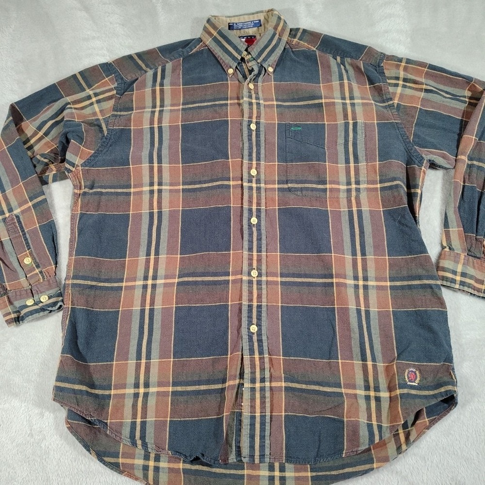 Tommy Hilfiger Shirt Men M‎ Brown Plaid Farmer Country Hiking Warm Classic